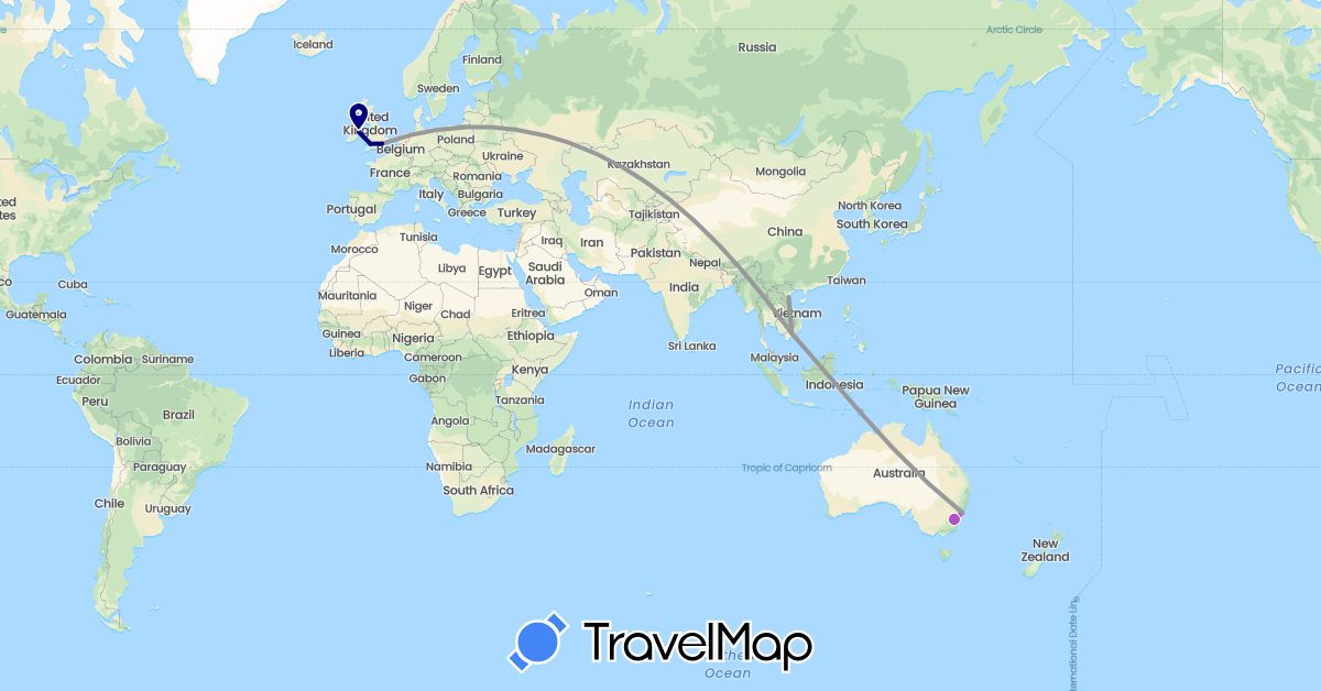 TravelMap itinerary: driving, plane, train in Australia, United Kingdom, Ireland, Vietnam (Asia, Europe, Oceania)